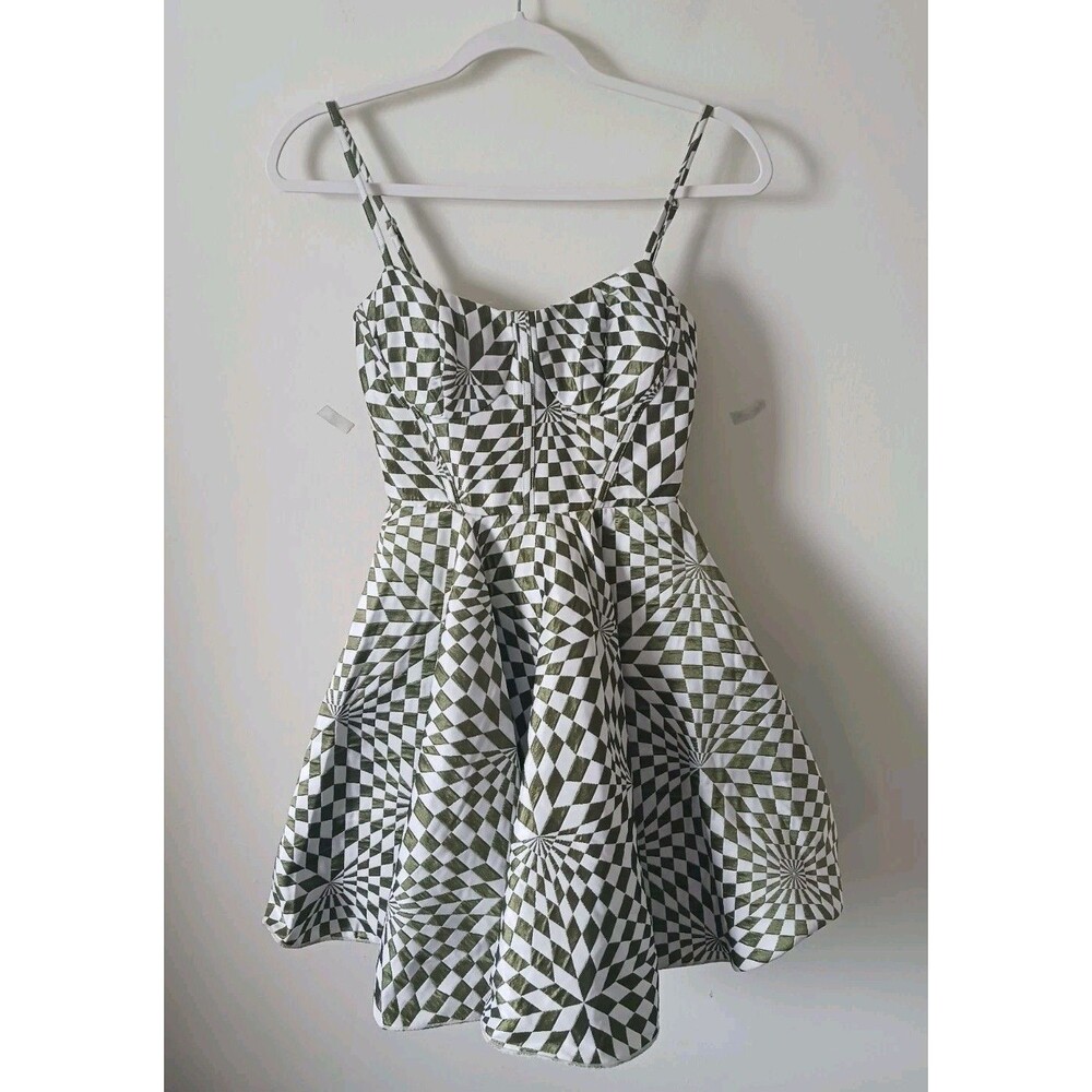 ASOS Luxe Plaid‎ Mini Dress Womens 0 White Green Jacquard Spaghetti Straps